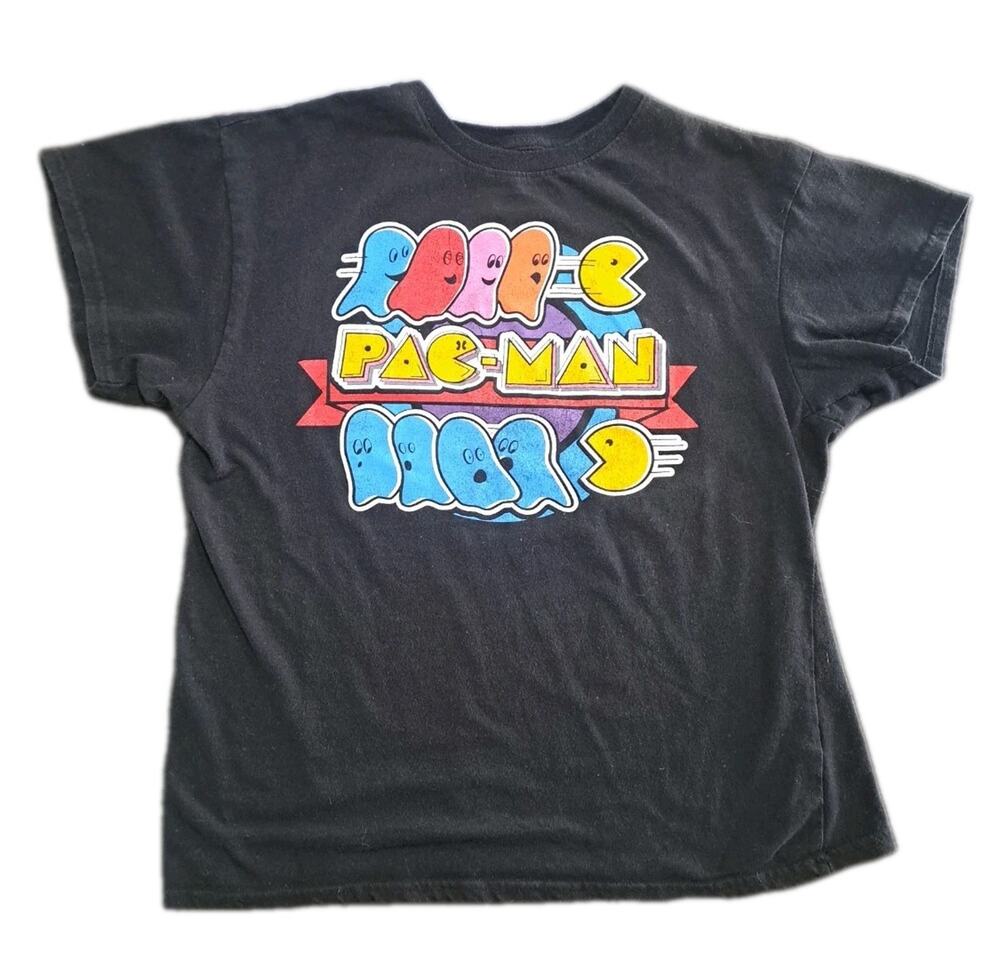 Pac-Man 1980s Retro Arcade Distressed Logo Black T-Shirt Youth Large Graphic Tee